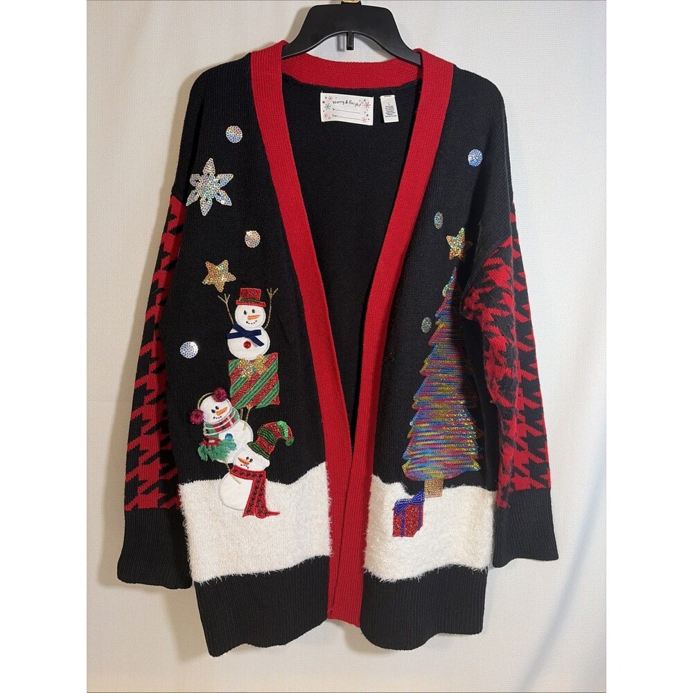 Merry & Bright Christmas Cardigan Womens L Black Red Snowman Tree Excellent